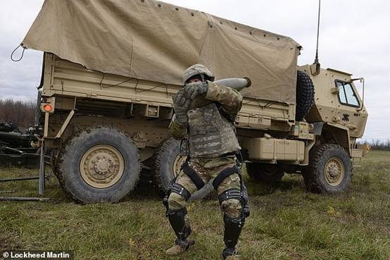 A soldier testing the exoskeleton: It supports and boosts leg capacity for physically demanding tasks that require lifting or dragging heavy loads