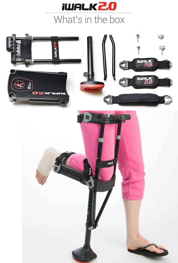 iWalk 2.0 是一款智能的、无须手扶的拐杖，专为那些在膝盖以下受伤的人设计。